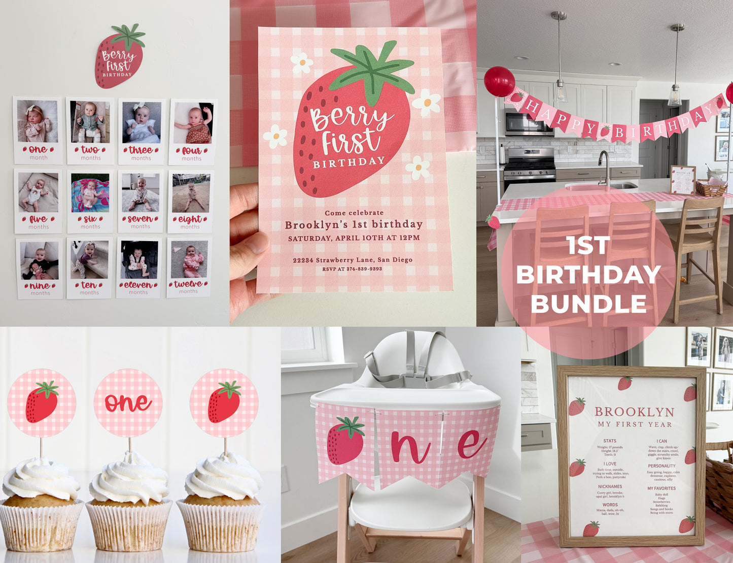 Berry First Birthday Party Bundle | Strawberry Gingham