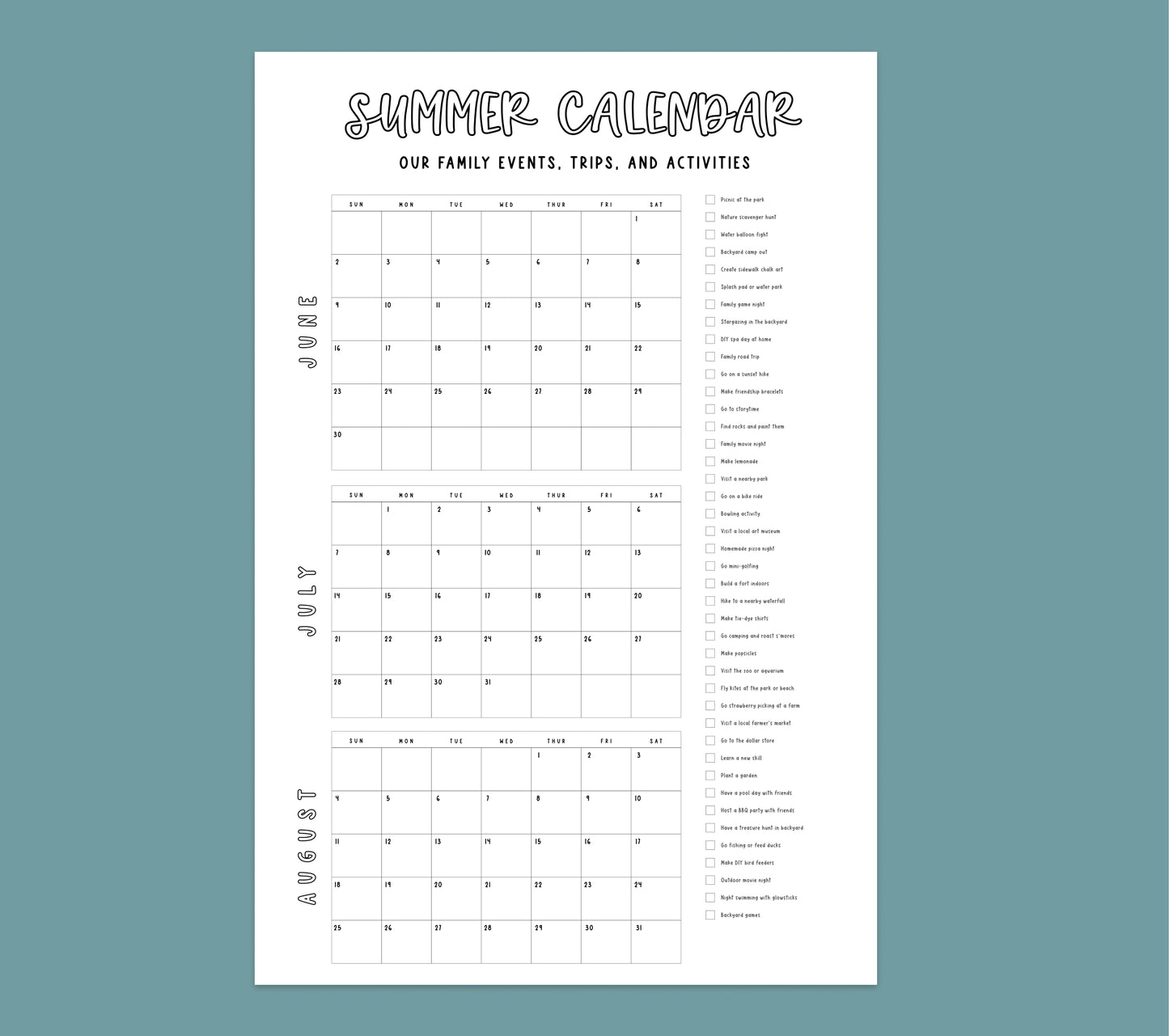 Printable Summer Calendar Poster