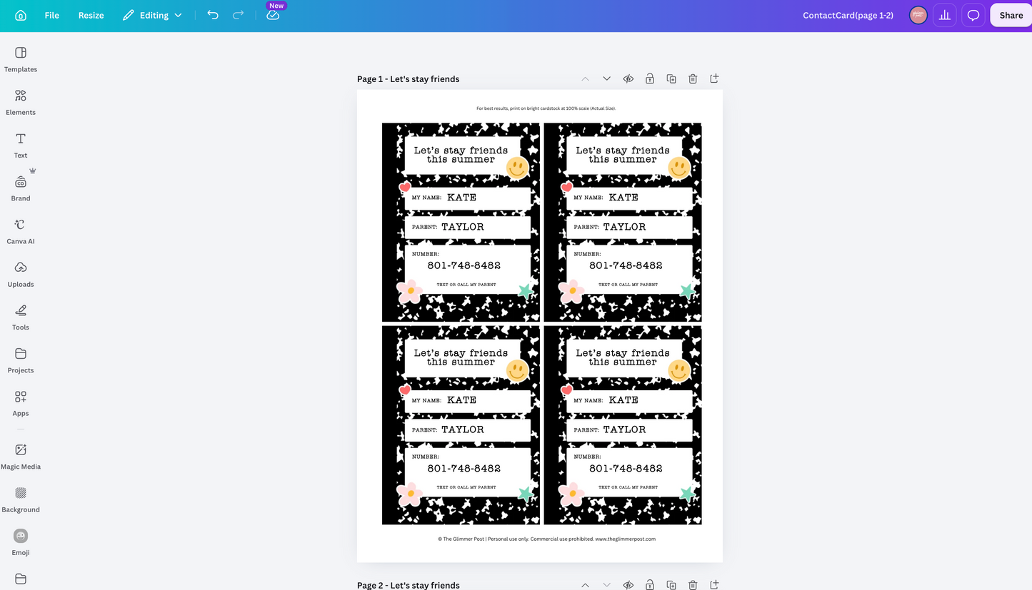 Kids Friendship Contact Card, Printable Friend Info Card, New Friend & Playdate Exchange (Instant Download)