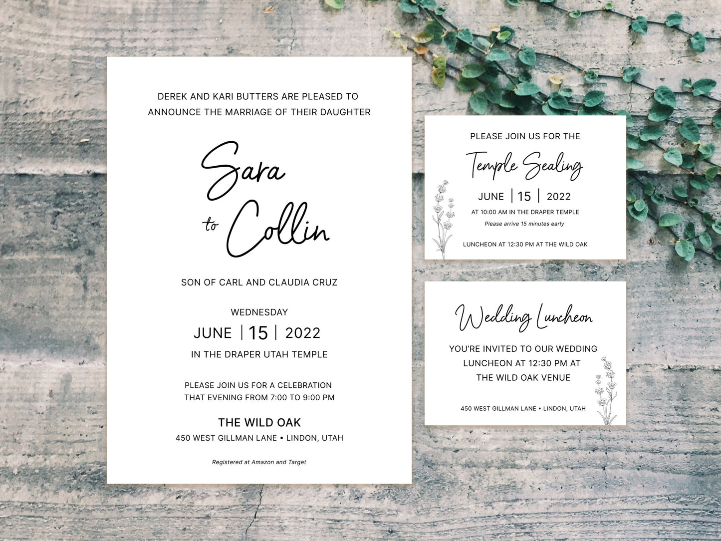 Script LDS Wedding Invitation with temple sealing card (Sara + Collin)