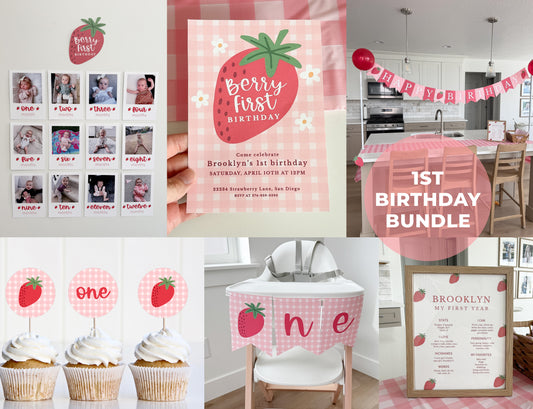 Berry First Birthday Party Bundle | Strawberry Gingham