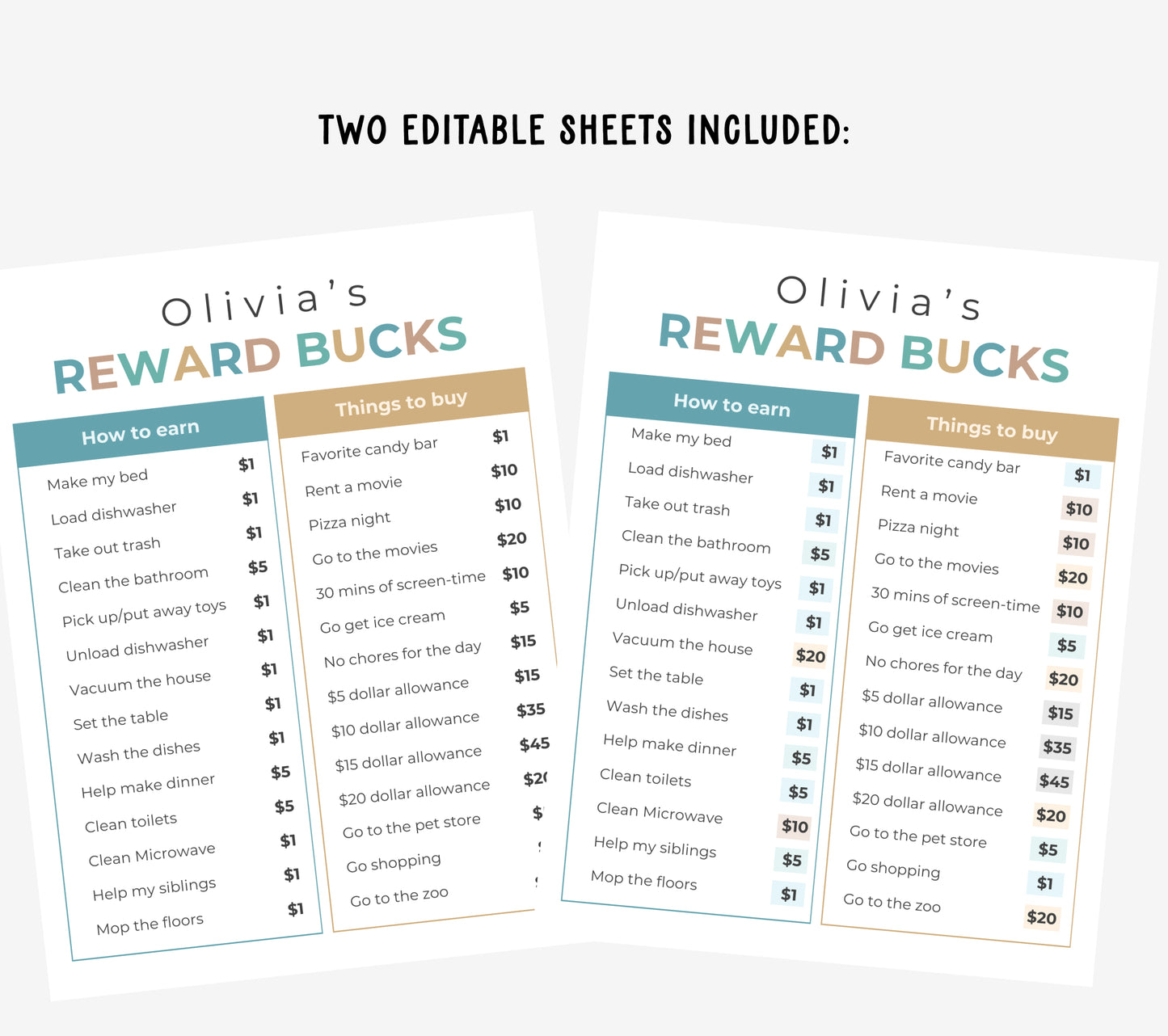 Printable Reward Bucks and Earn/Spend sheet