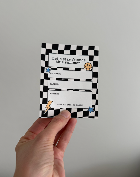 Last Day of School Printable Friendship Cards |  Checkered | Summer Contact Exchange
