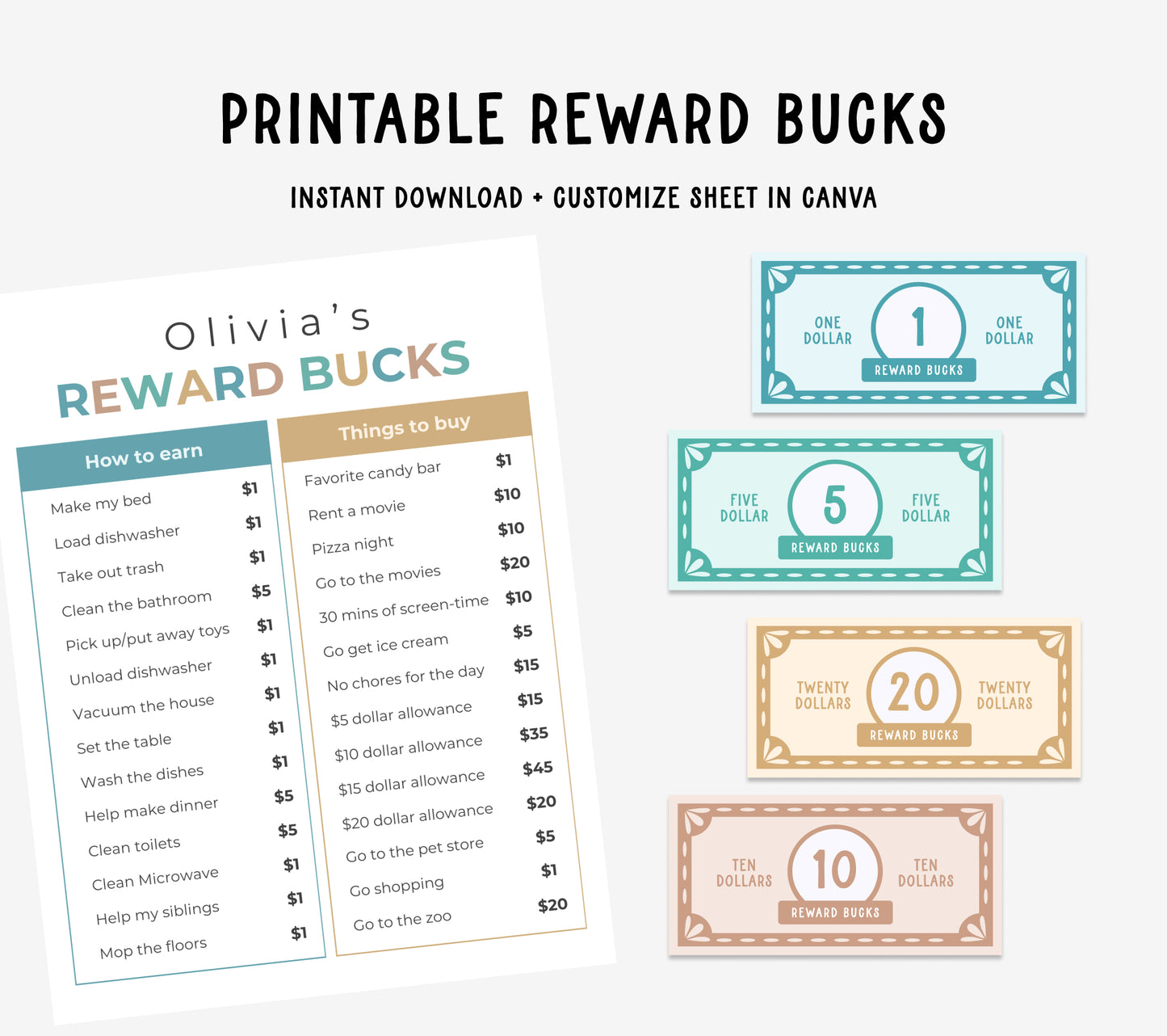 Printable Reward Bucks and Earn/Spend sheet