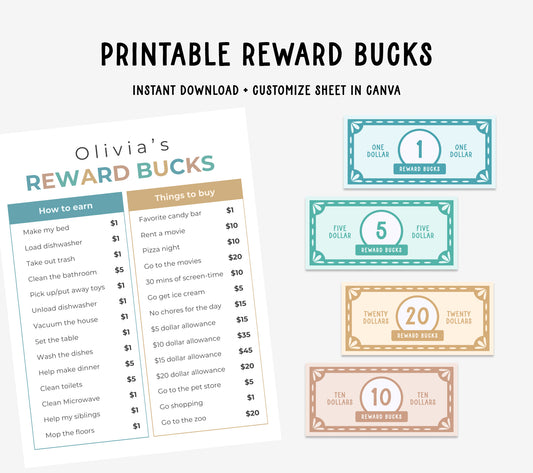 Printable Reward Bucks and Earn/Spend sheet