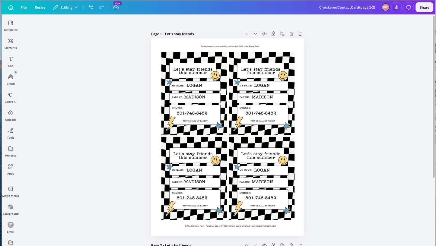 Kids Friendship Contact Card, Printable Friend Info Card, New Friend & Playdate Exchange (Instant Download)