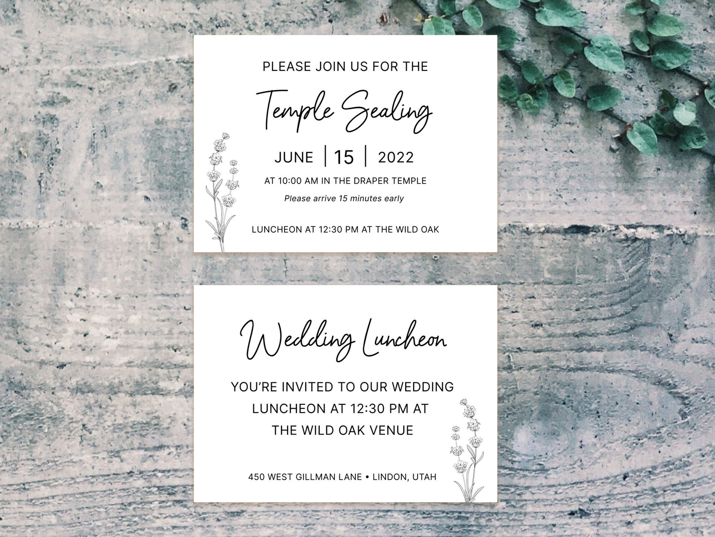 Script LDS Wedding Invitation with temple sealing card (Sara + Collin)