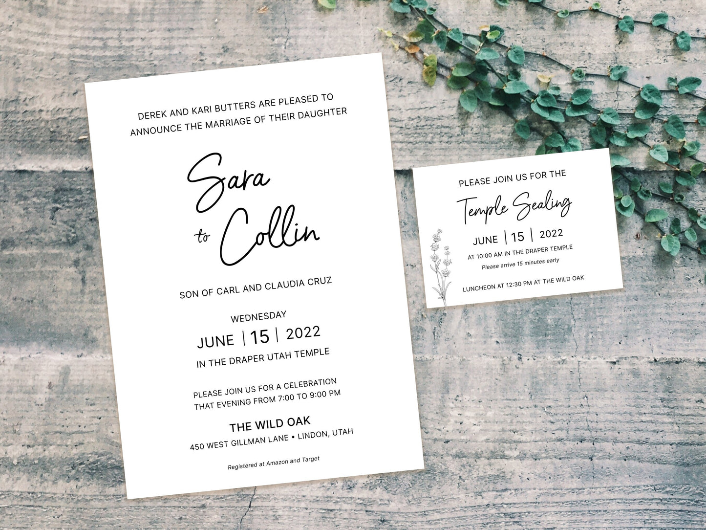 Script LDS Wedding Invitation with temple sealing card (Sara + Collin)