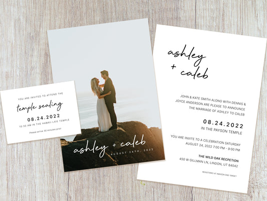 Minimalist Script LDS Wedding Invitation (Ashley + Caleb Template)