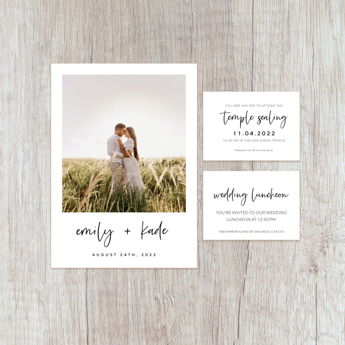 Polaroid Minimalist Script LDS Wedding Invitation with sealing card (Emily + Kade)