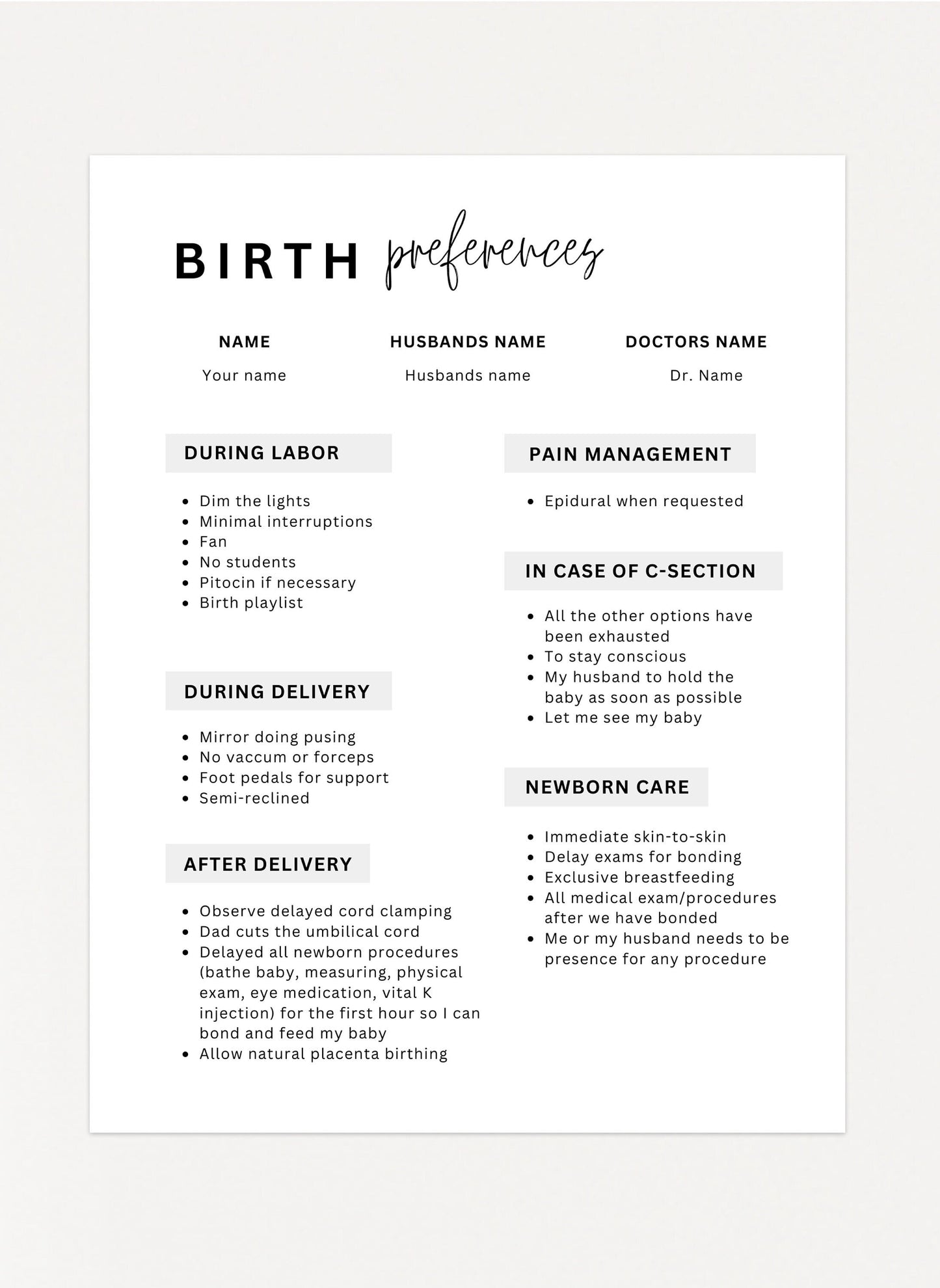 Printable Birth Plan Template