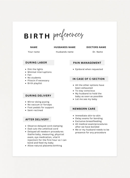 Printable Birth Plan Template