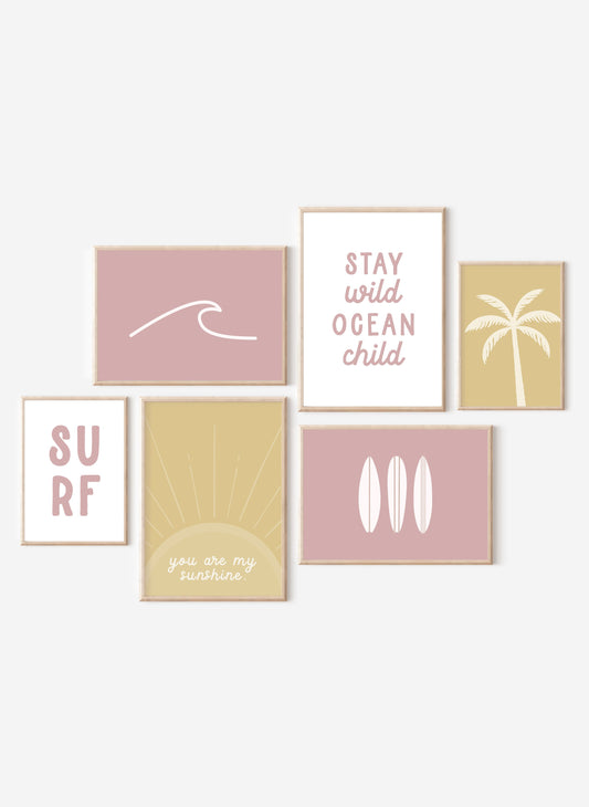 Boho Pink Surf Gallery Wall Art Set of 6 prints